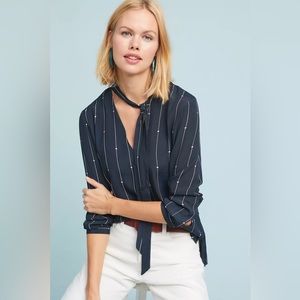 EUC ✨Rails M / 6 Rhea Navy Striped Stars Print Pussycat Bow Relaxed Fit Blouse